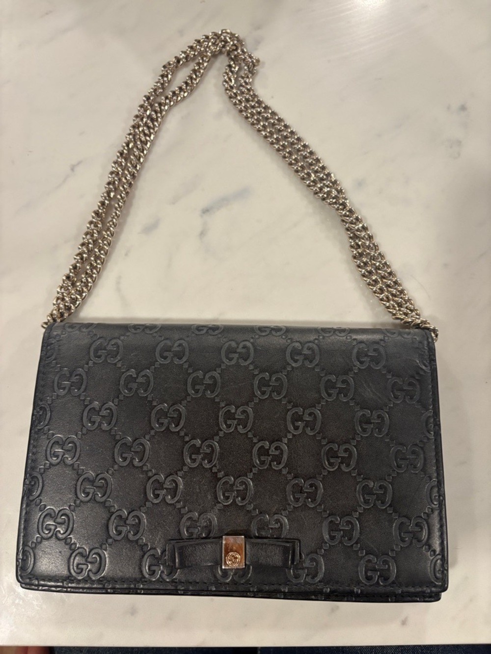 Authentic Gucci handbag Black Leather GG Wallet On A Chain